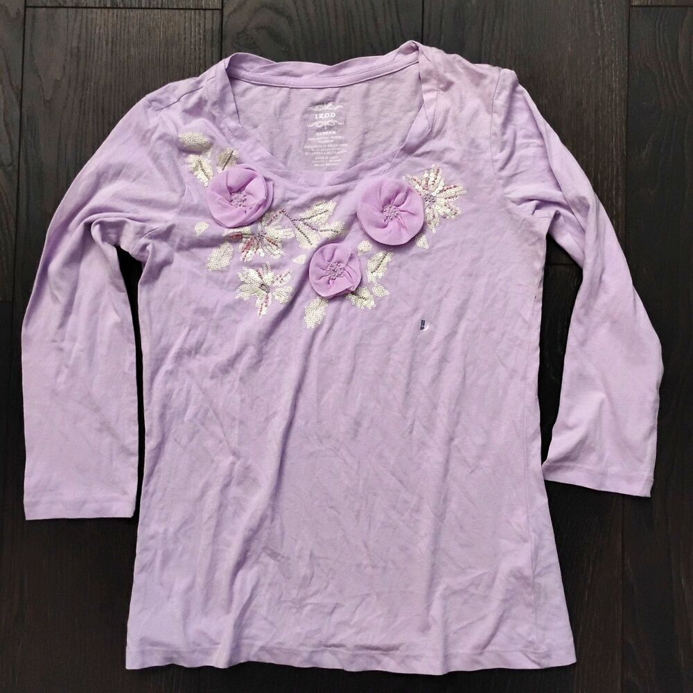 New Women’s IZOD Light Purple Size XS Cotton Long Sleeve T-Shirt Flowers